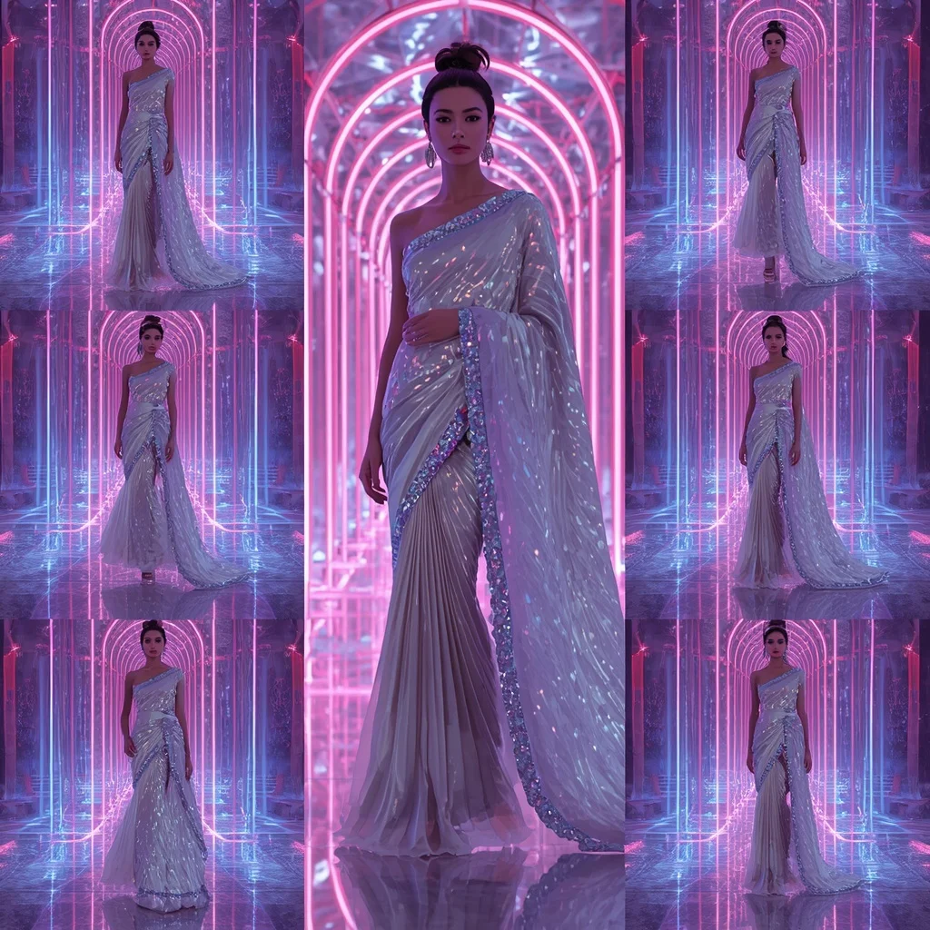 Lunar Prism Couture Saree with Neon Ribbon Infinity Crystal Cathedral | Prompt Generator