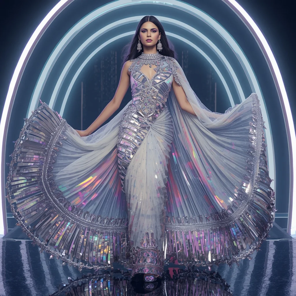 Lunar Prism Royale Saree with Neon Arc Fortress | Prompt Image