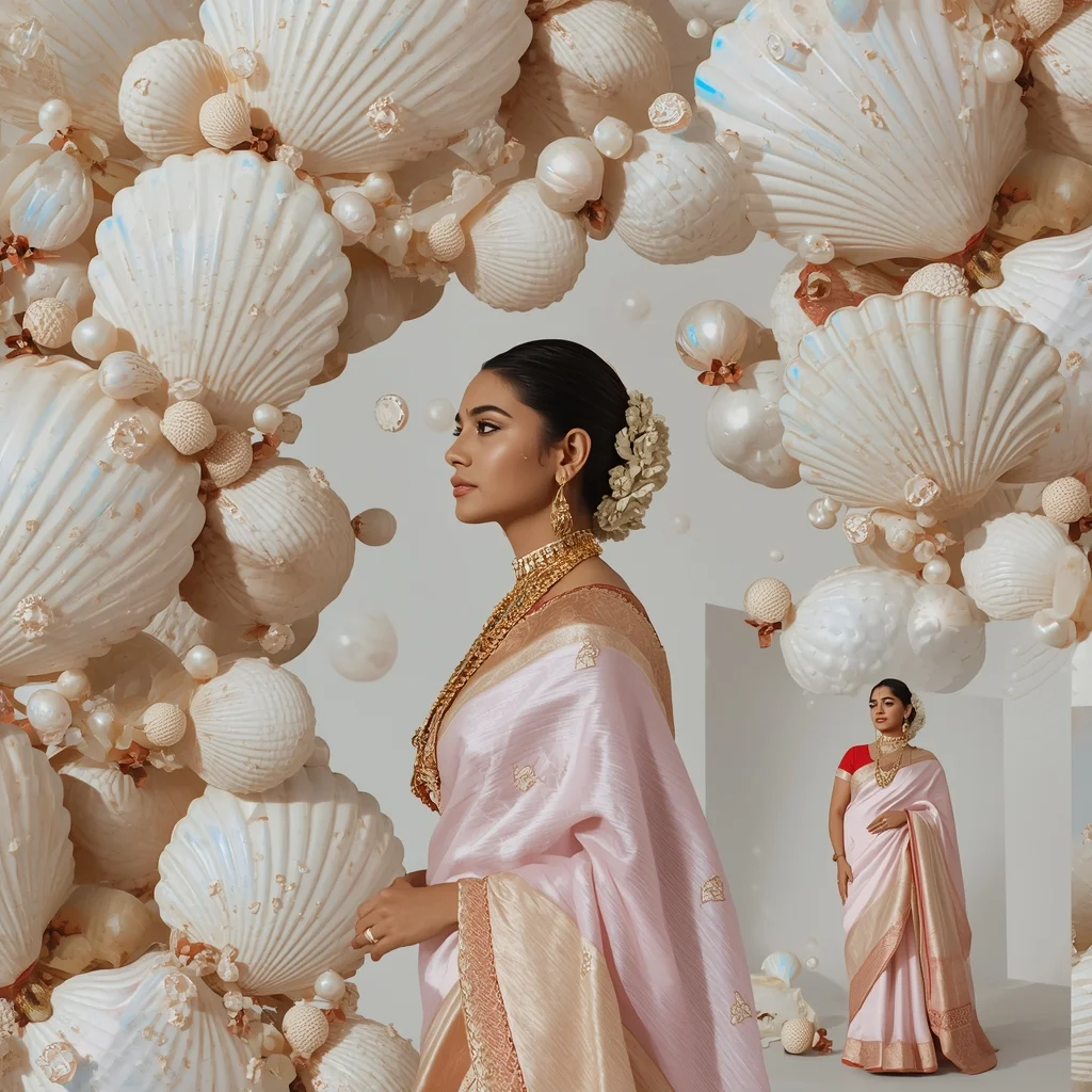 Luxury Heritage Saree Portrait Surrounded By Giant Floating Sea Shells | Indian Bride Saree Ai Prompt