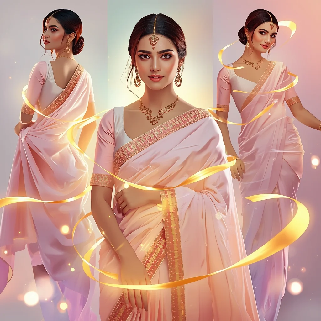 Magical Golden Ribbon Pastel Saree Luxury Collage | Saree Whatsapp Dp Ai Prompt