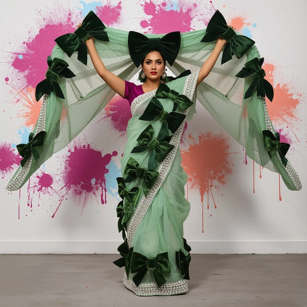 Massive 3D Velvet Bow & Thick Crushed Pearl Pastel Mint Saree | Overhead Rigid Wing Pose | Gemini Saree Prompt For Instagram