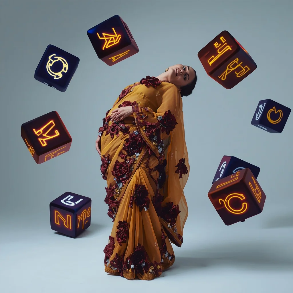 Massive 3D Velvet Floral Applique Saree: Mustard & Maroon | The Sideways Torso Tilt Pose | Floating Neon Typographic Cubes | Secret Ai Prompt