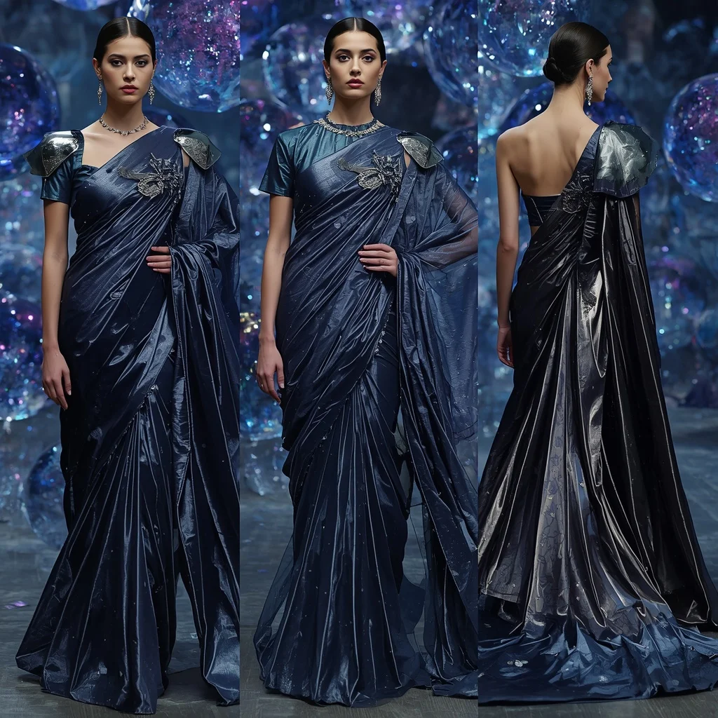 Midnight Aurora Symphony Saree with Floating Crystal Domes | Ai Portrait Prompt