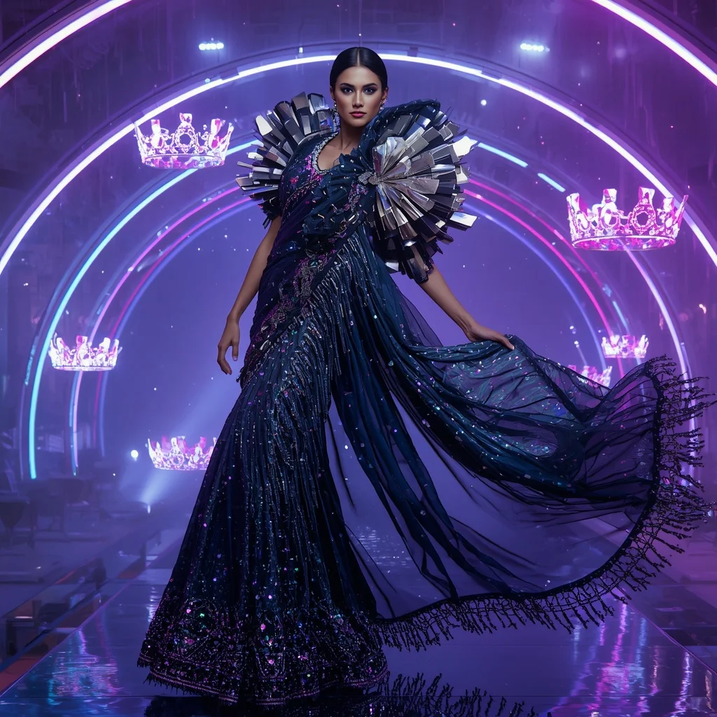 Midnight Galaxy Mirror Saree with Floating Neon Crowns | Gemini Saree Prompt Text