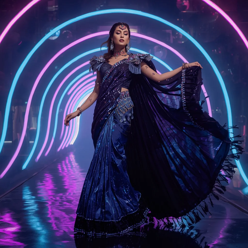 Midnight Galaxy Mirror Saree with Floating Neon Halo Arches | Ideogram Ai Prompt