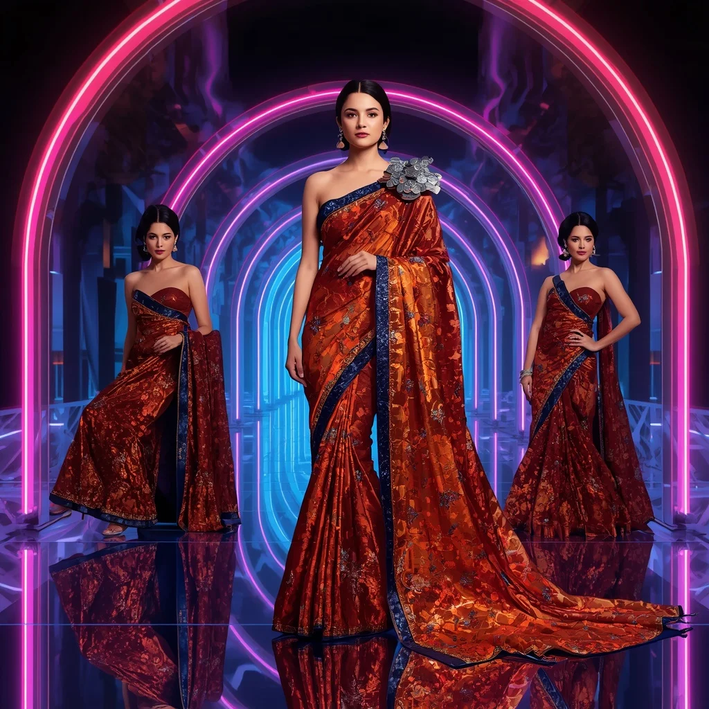 Midnight Inferno Couture Saree with Neon Arc Crystal Infinity Palace | Grok Ai Prompt