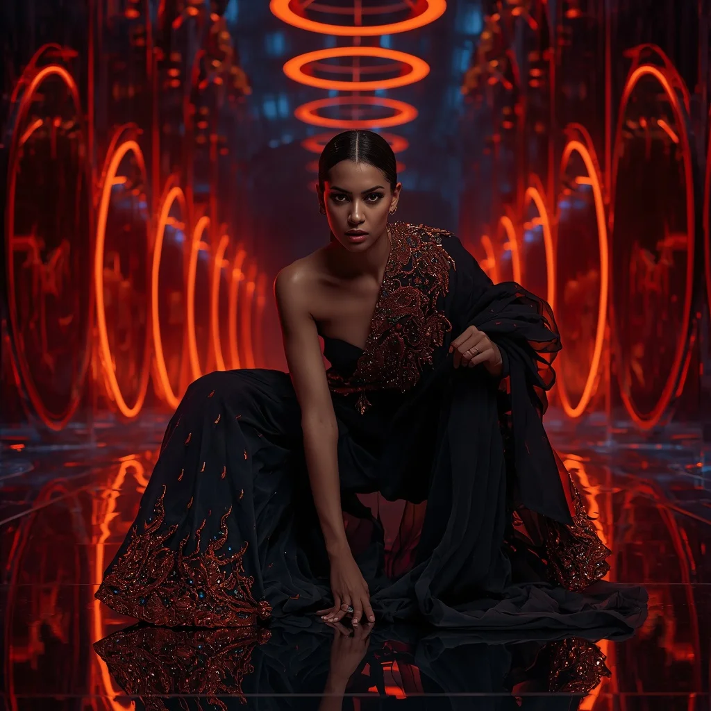Midnight Inferno Crystal Saree with RGB Orbit Hall | Gemini Ai Prompt