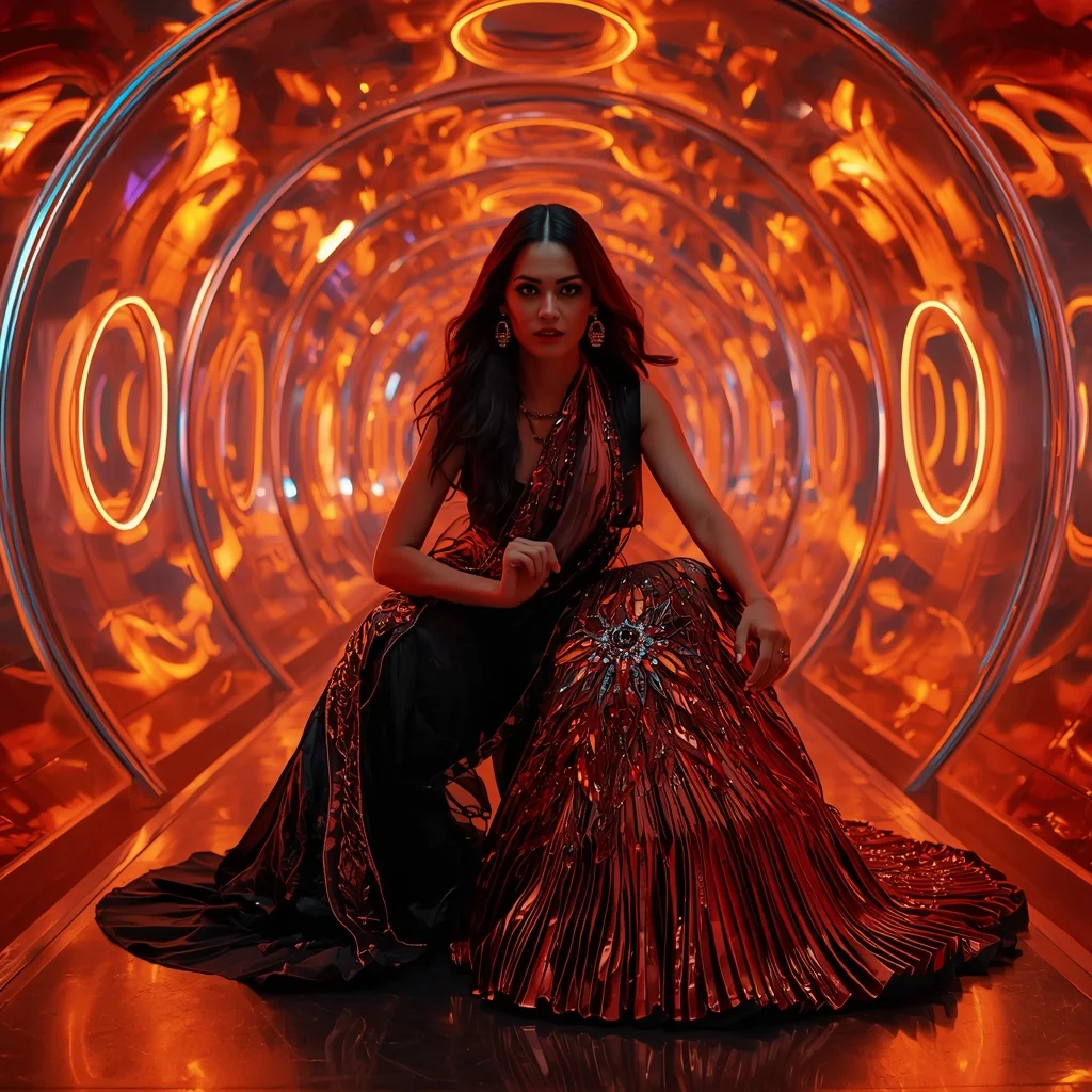 Midnight Phoenix Metallic Saree with Neon Orbit Dome | Traditional Saree Prompt In English