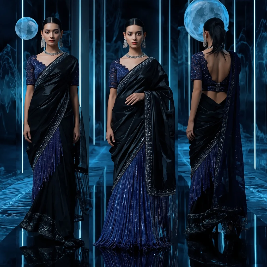 Midnight Prism Royale Saree with Floating Digital Waves | Desi Girl Ai Prompt