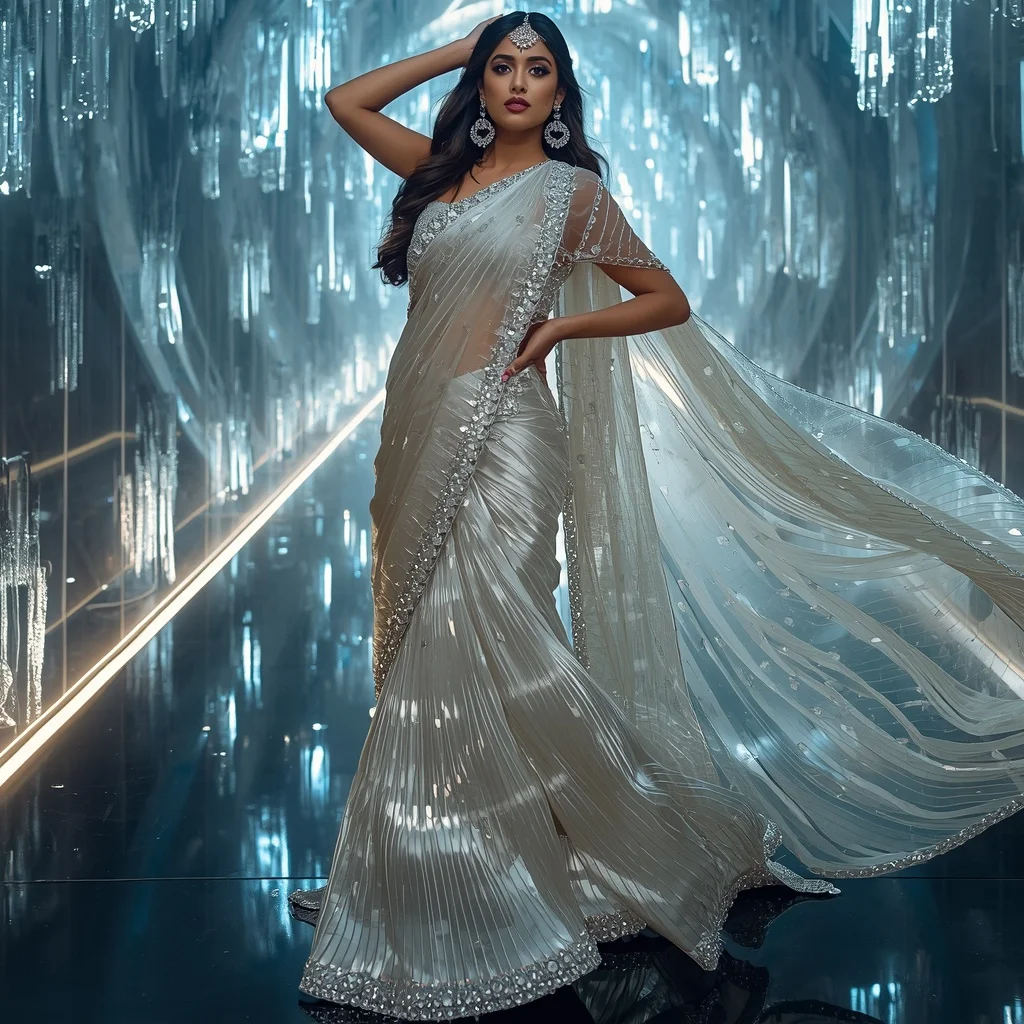 Moonlight Diamond Quantum Saree with Floating Neon Waterfalls Hall | Chatgpt Prompt