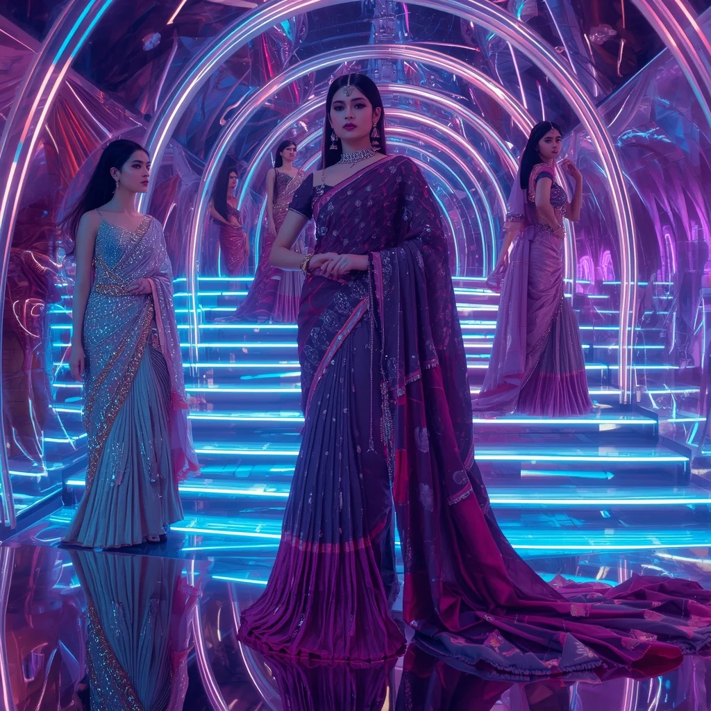 Neon Eclipse Empress Saree with Floating Quantum Light Palace | Saree Ai Prompt