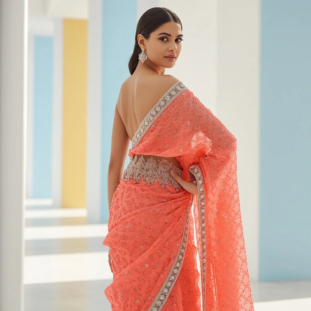 Neon Peach Fancy Saree with Dense Cut-Dana Beads | Face Ai Prompt