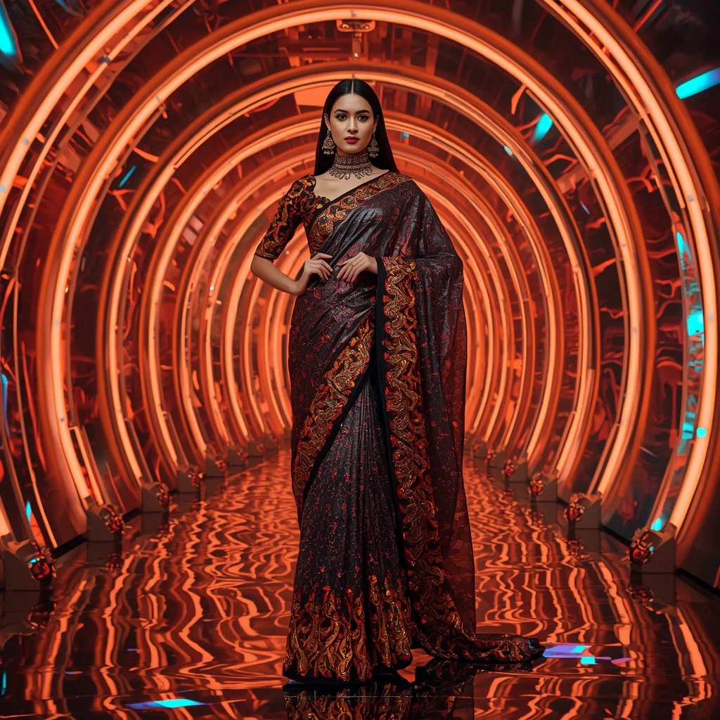 Obsidian Inferno Metallic Saree with Curved Neon Kingdom | Wedding Saree Ai Prompt
