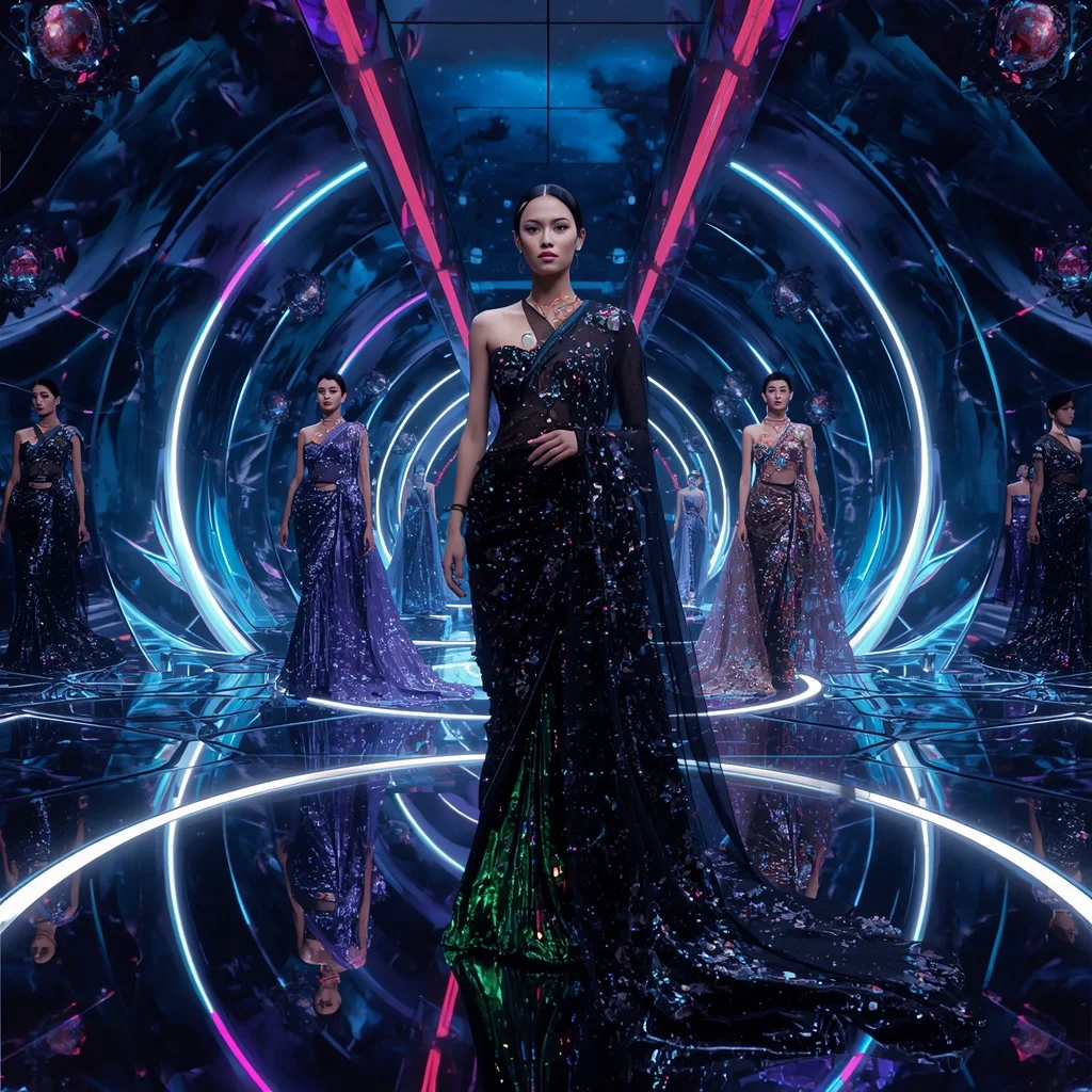 Obsidian Neon Infinity Hyperqueen Saree with Cosmic Fashion Motions and Reflection Quantum Crystal Megaverse | Face Ai Prompt