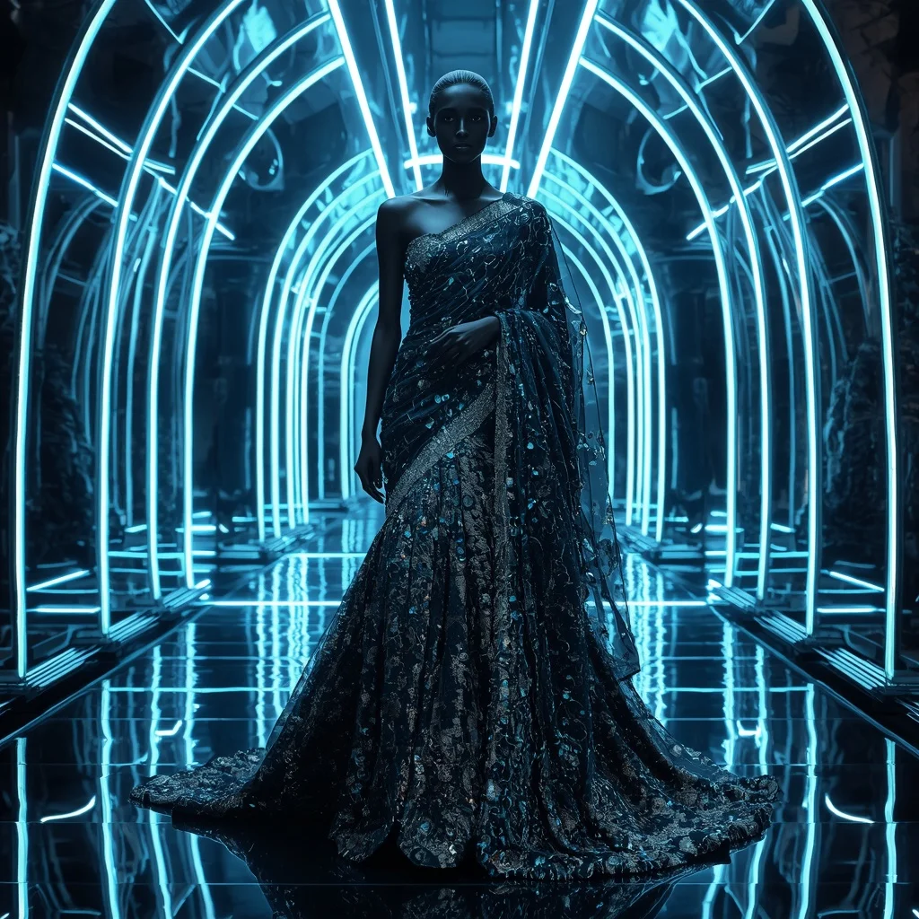 Obsidian Neon Infinity Queen Saree with Cosmic Fashion Motions and Reflection Quantum Palace | Female Model Ai Prompt