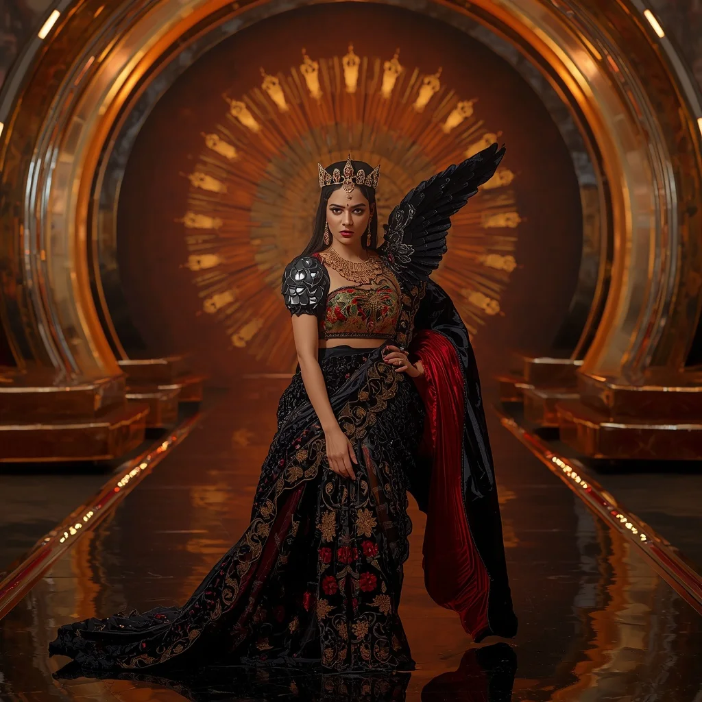 Obsidian Velvet Crown Saree with Solar Arc Imperial Sanctuary | Grok Ai Prompt
