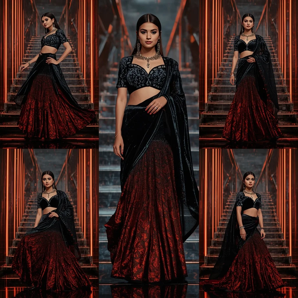 Obsidian Velvet Flame Saree with Holographic Staircase Hall | Ai Portrait Prompt