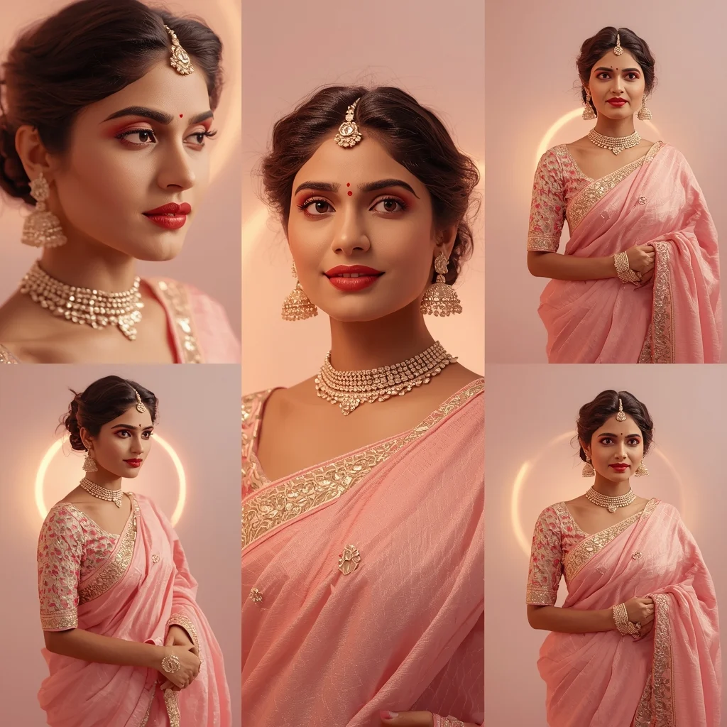 Orbital Pulse Halo Wave Pastel Saree Indian Woman Luxury Composition | Saree Photo Ai Prompt