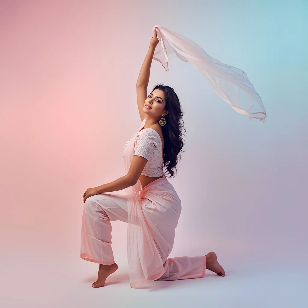 Pastel Festive Girl Kneel Rise Dupatta Float Pose | Viral Ai Image Prompt