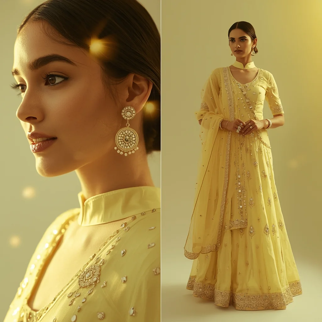Pastel Lemon Yellow Sharara Suit Indian Woman Premium Composition | Midjourney Prompt List