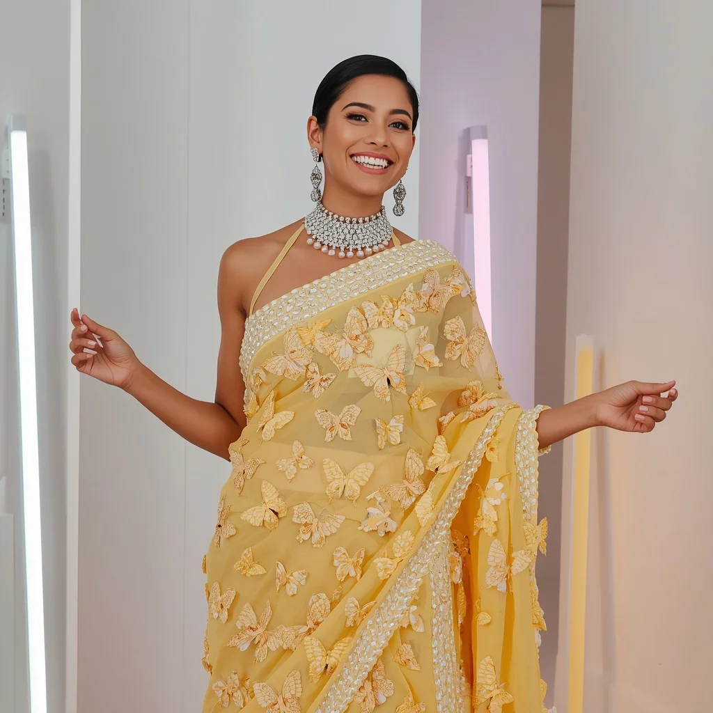 Pastel Yellow 3D Butterfly Appliqué Saree Instagram Pose | Gemini Ai Photo Prompt