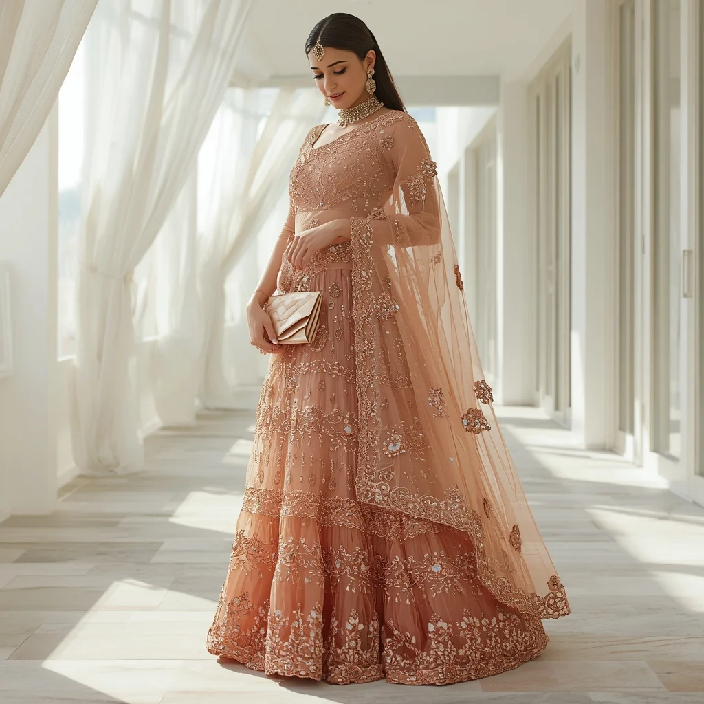 Peach and Rose Gold Ombre Heavy Couture Saree | Ai Art Prompt
