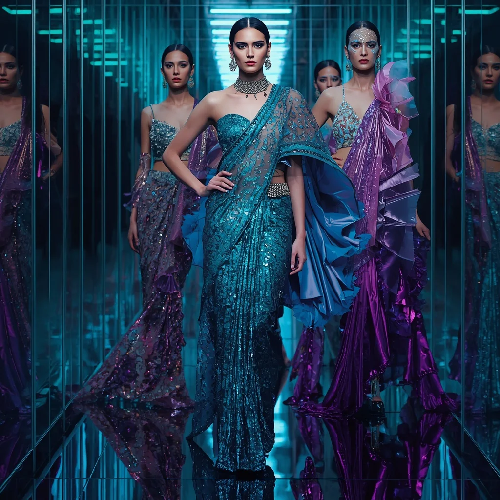 Peacock Aurora Majesty Saree with Holographic Glass Corridor | Free Ai Prompt