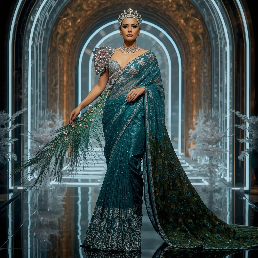 Peacock Diamond Crown Saree with Luxe Crystal Sovereign Empire | Style Ai Prompt