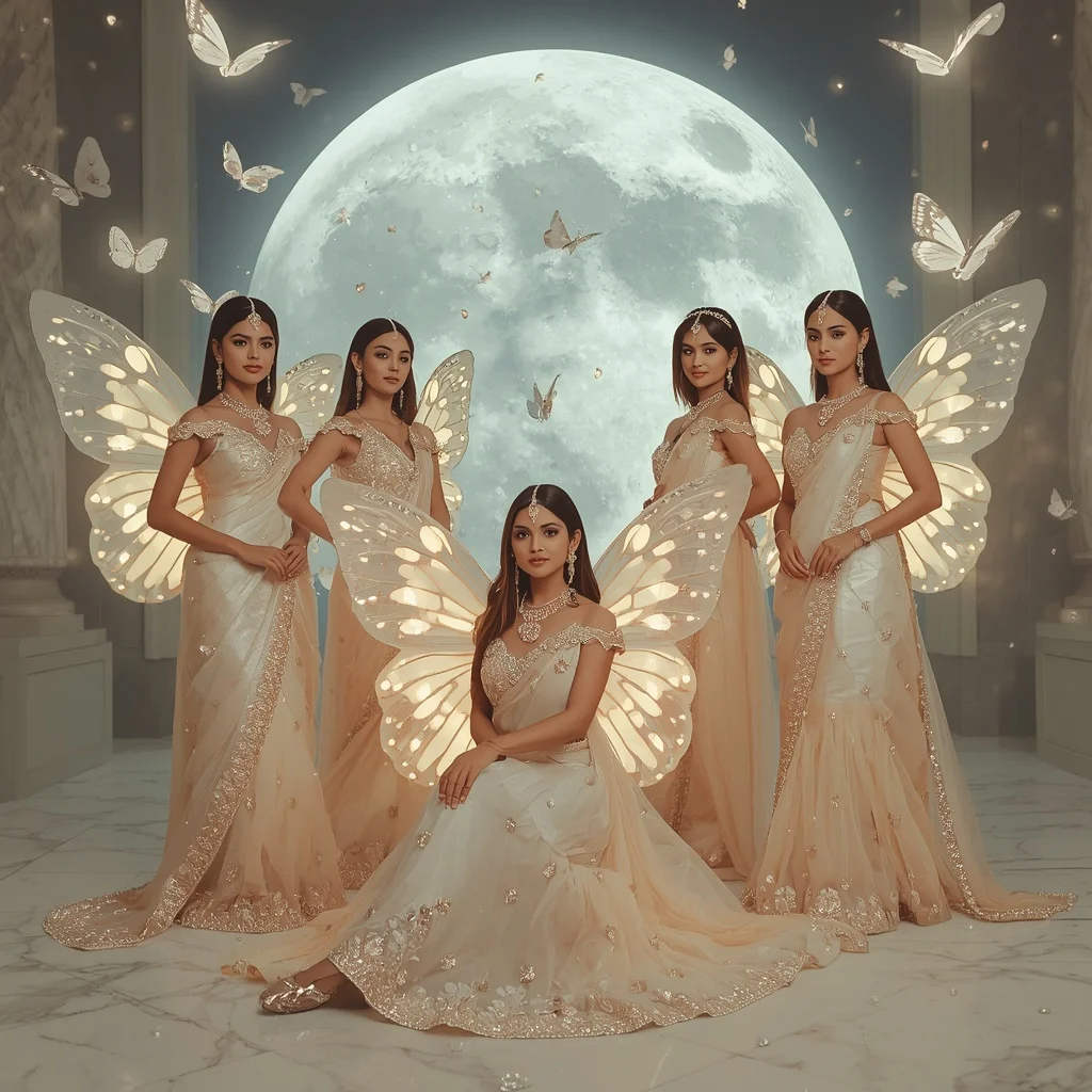 Pearl Butterfly Couture Princesses with Heavenly Moon Ballroom Background | Gemini Ai Prompt For Girl