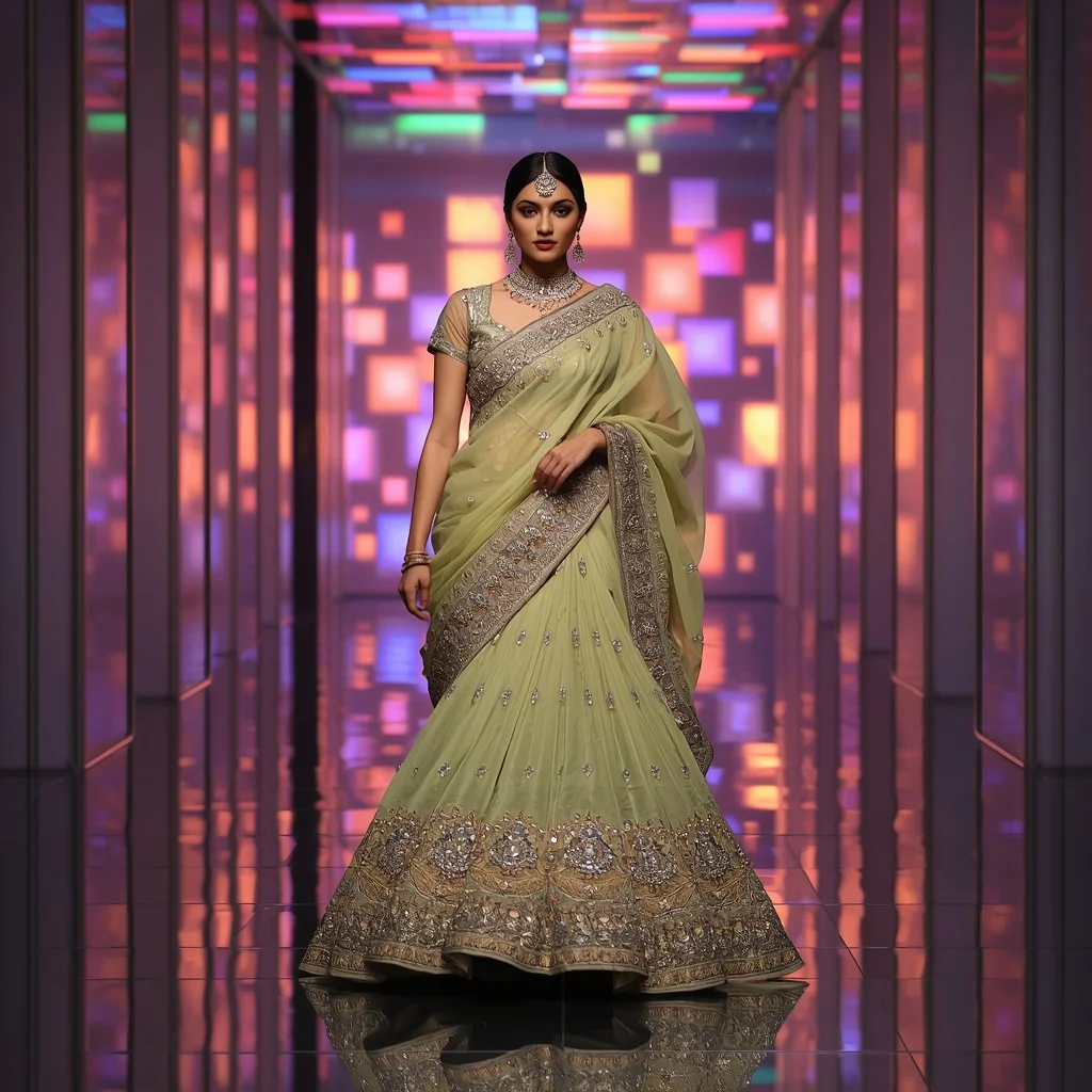 Pistachio Green Heavy Kundan Encrusted Saree with Powerful Runway Walk | Instagram Model Ai Prompt