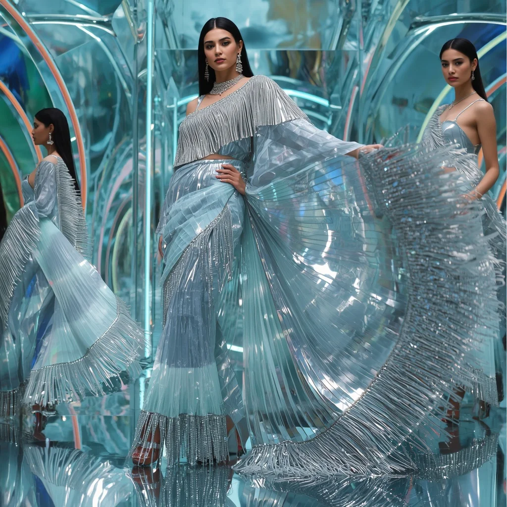 Platinum Ice Illusion Saree with Prism Reflection Hall | Instagram Story Ai Prompt