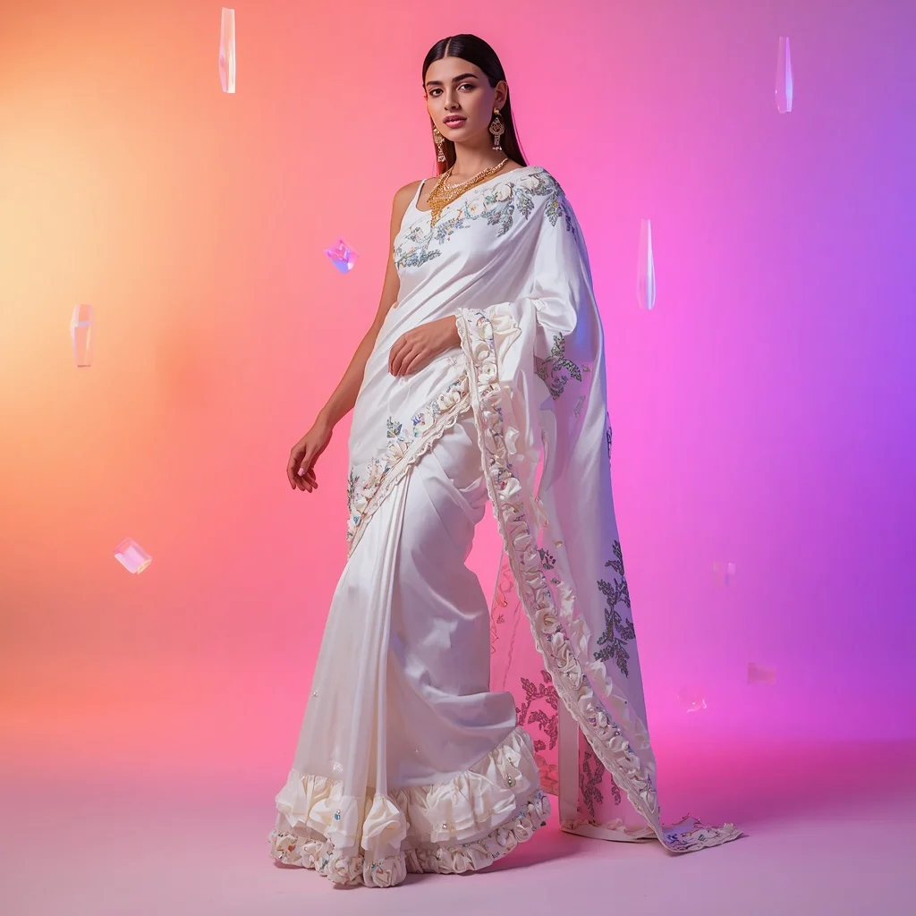 Premium Bridal-Festive Fusion: Pearl White Satin with Heavy 3D Glowing Quantum Foam | Female Model Ai Prompt