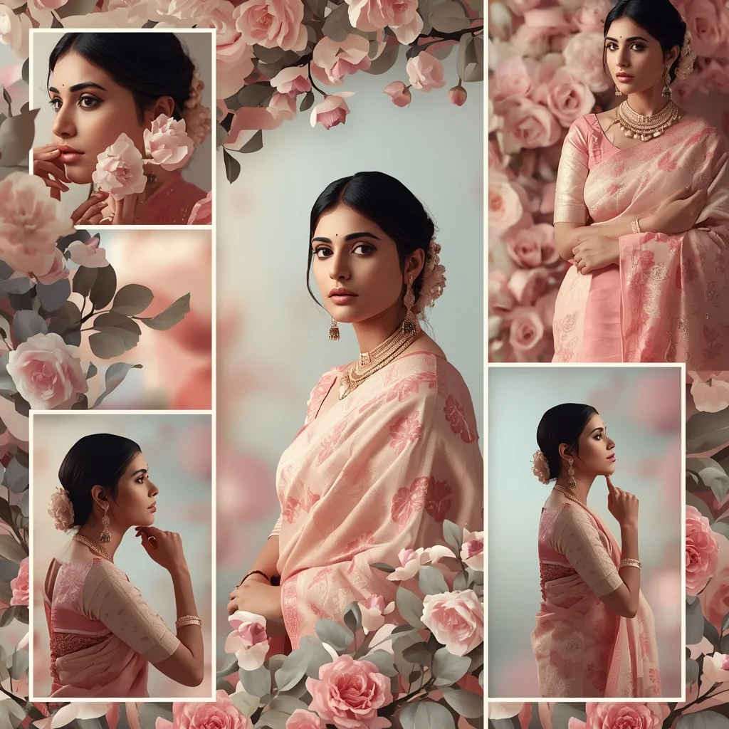Premium Pastel Saree Botanical Flower Luxury Collage | Saree Aesthetic Ai Prompt For Pinterest