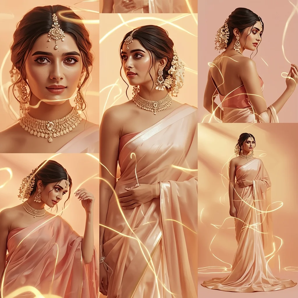 Premium Pastel Saree Luxury Collage with Golden Light Effects | Saree Ai Prompt Copy Paste For Gemini