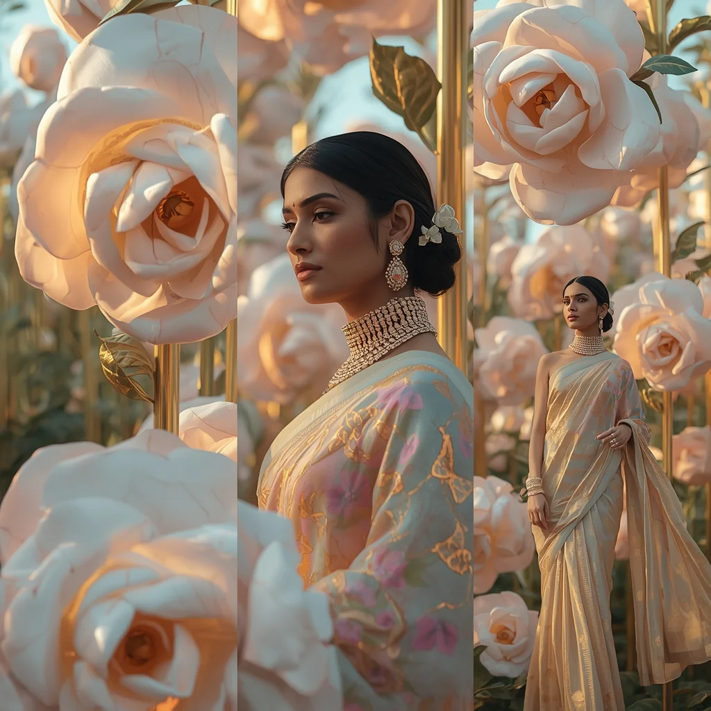 Premium Pastel Saree Portrait Inside A Levitating Porcelain Flower Garden | Saree Ai Prompt Copy Paste For Gemini