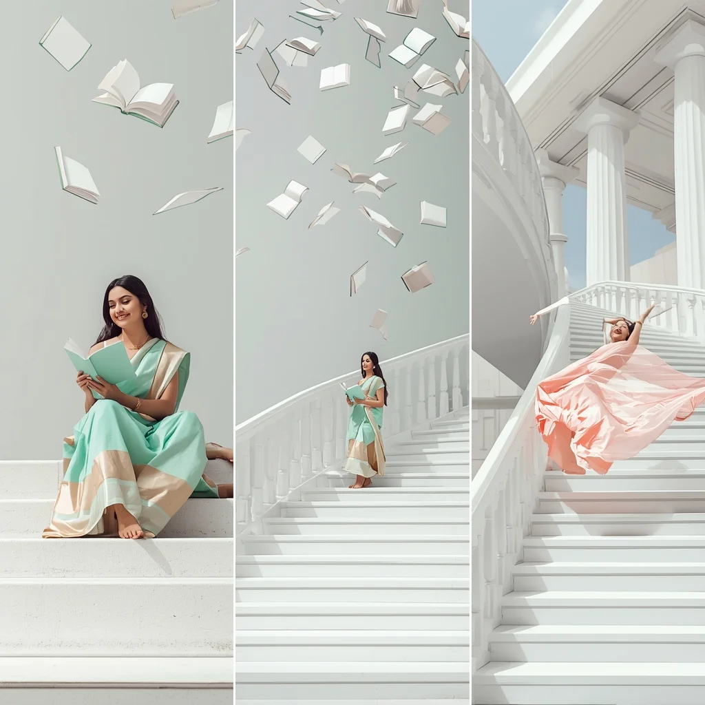 Pure White Staircase Levitating Book Bright Daylight Sequential Portrait Design | Saree Pose Ai Prompt