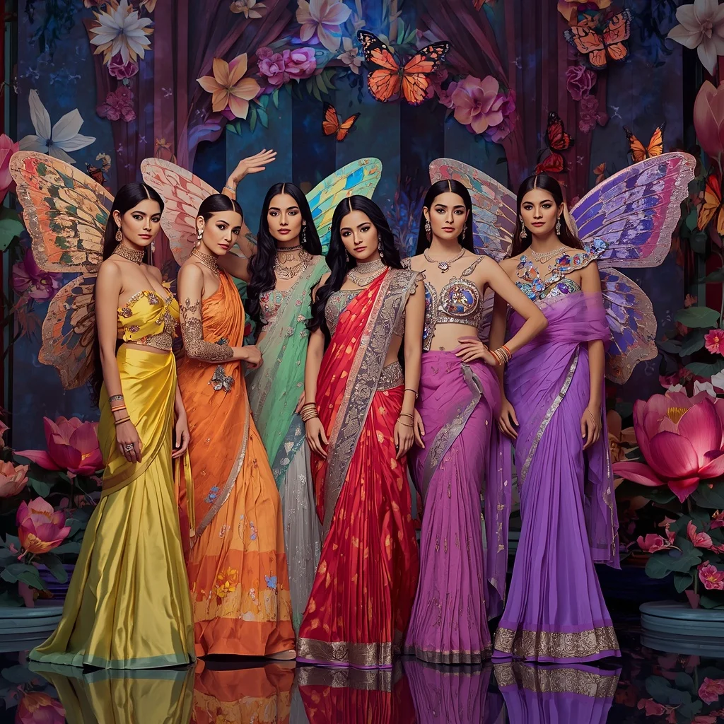 Rainbow Lotus Butterfly Saree Group with Fantasy Floral Kingdom Background | Instagram Aesthetic Ai Prompt