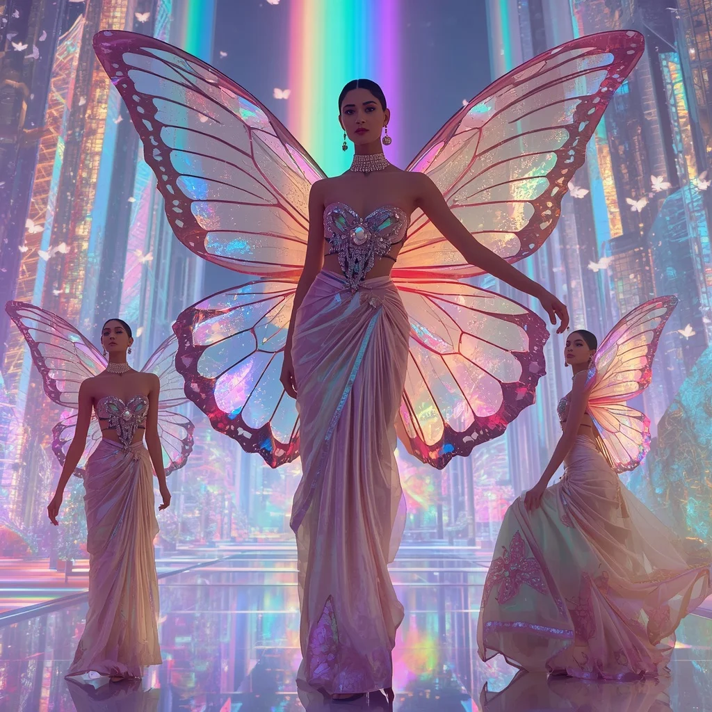 Rainbow Mirage Butterfly Saree with Multiple Dynamic Poses and Prism City Background | New Design Ai Prompt