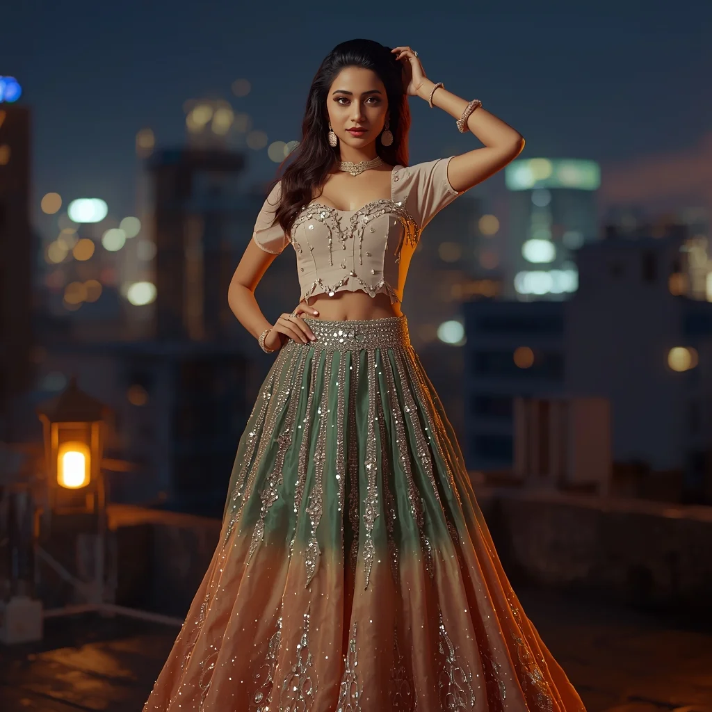Rooftop Night Glam with City Lights & Modern Lehenga Shine | High Quality Ai Prompts List