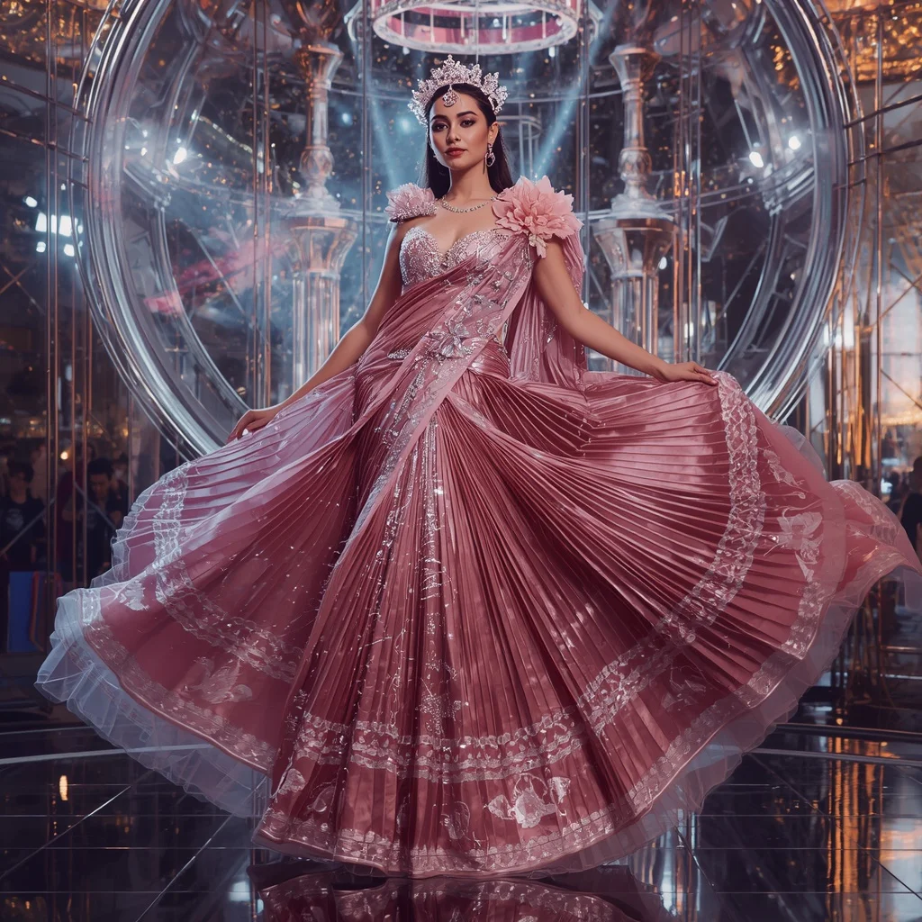 Rose Aurora Crown Saree with Quantum Jewel Celestial Palace | Sora Ai Prompt