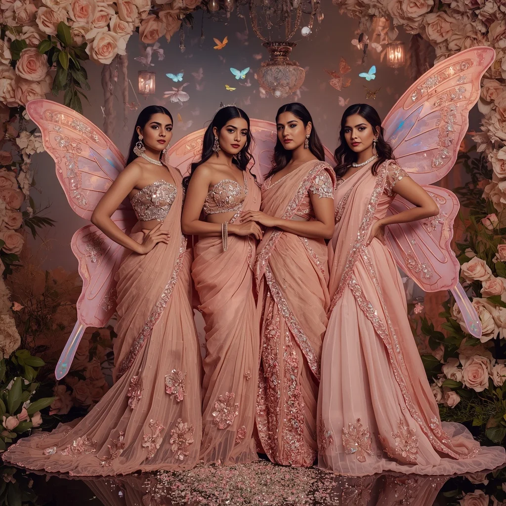 Rose Crystal Butterfly Saree Beauties with Luxury Dream Garden Background | Instagram Aesthetic Ai Prompt