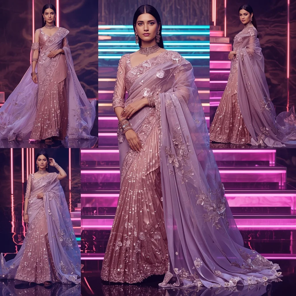 Rose Gold Aurora Saree with Floating Neon Staircase | Style Ai Prompt