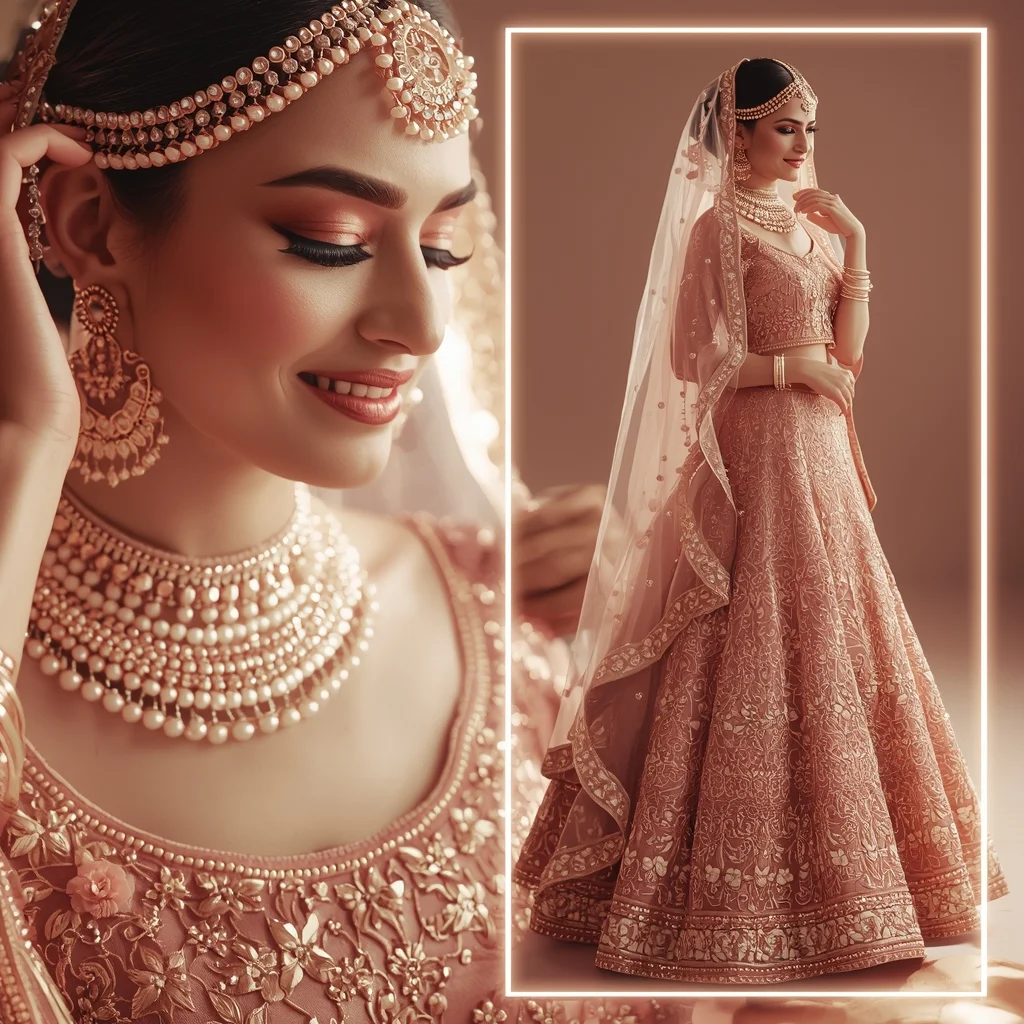 Rose Gold Bridal Lehenga Indian Bride Premium Composition | Prompt Gemini Ai