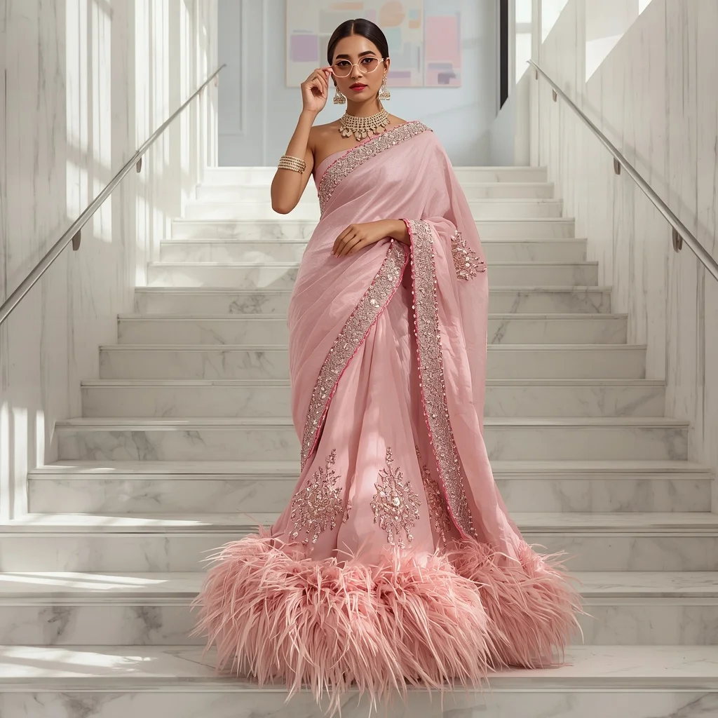 Rose Pink Designer Saree with Heavy Feather Borders | Gemini Ai Prompt