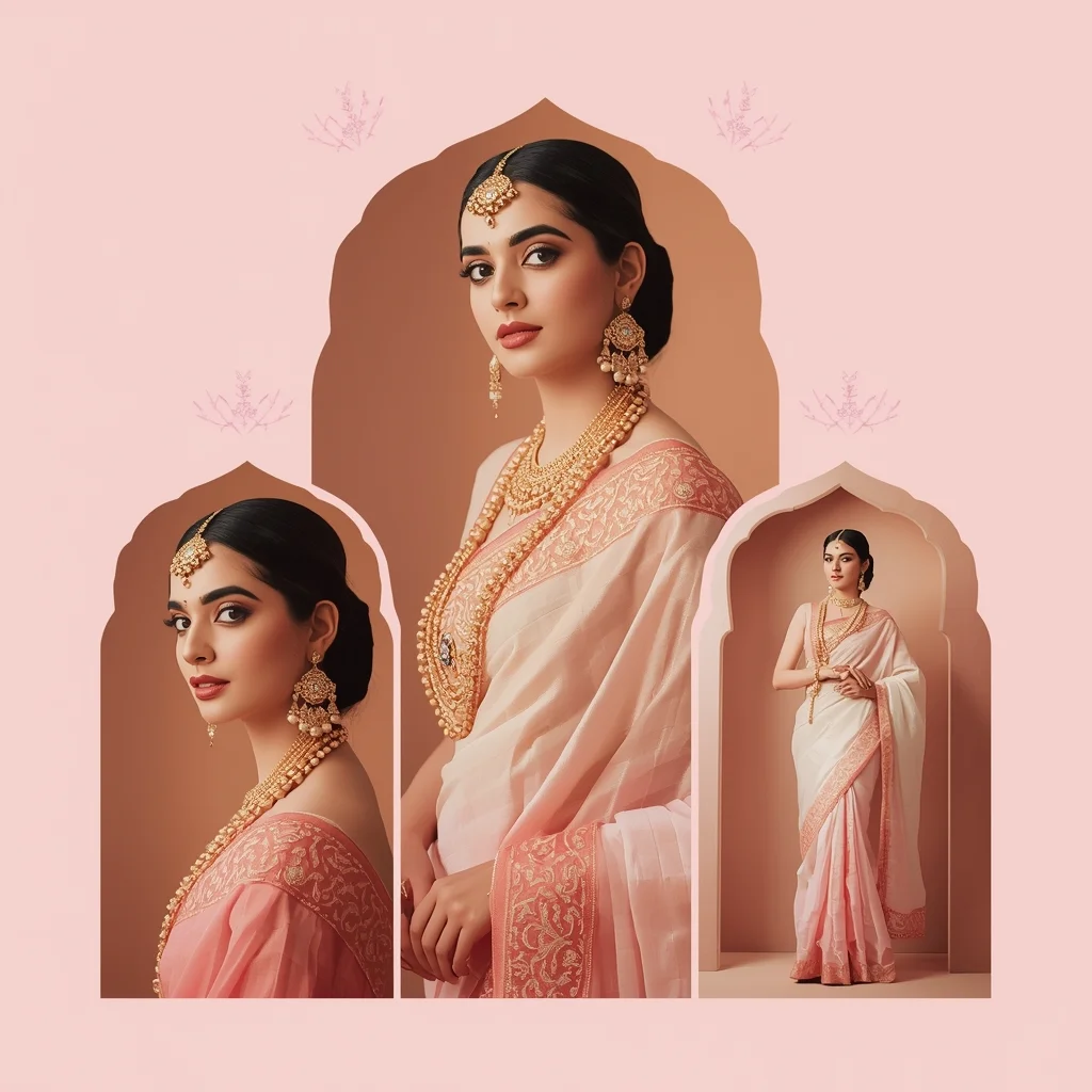 Royal Arch Palace Pastel Saree Luxury Collage Design | Saree Photoshoot Ai Prompt
