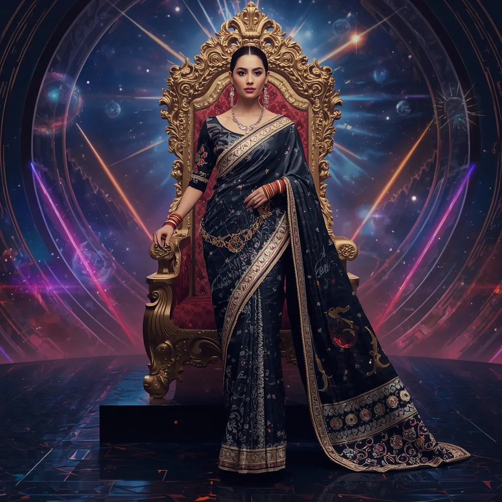 Royal Celestial Crown Empire Saree with Quantum Prism Imperial Throne | Traditional Saree Prompt