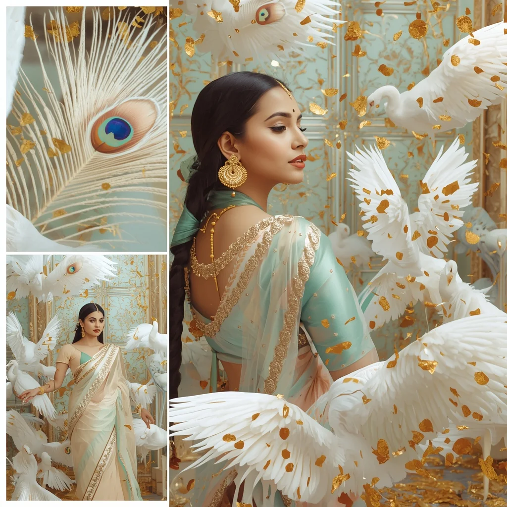 Royal Indian Saree Portrait With Majestic White Peacocks And Gold Leaf | Gemini Saree Prompt Text