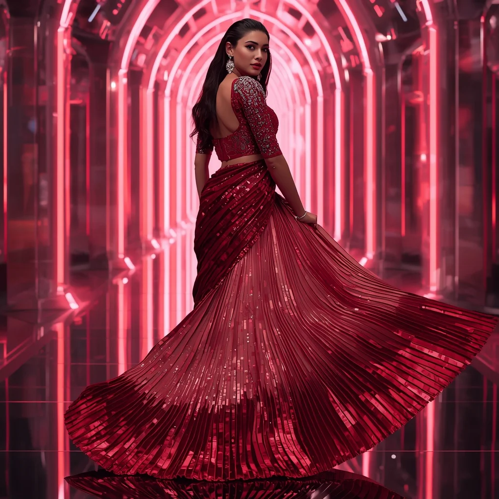Ruby Aurora Storm Saree with Neon Infinity Fortress | Korean Beauty Ai Prompt