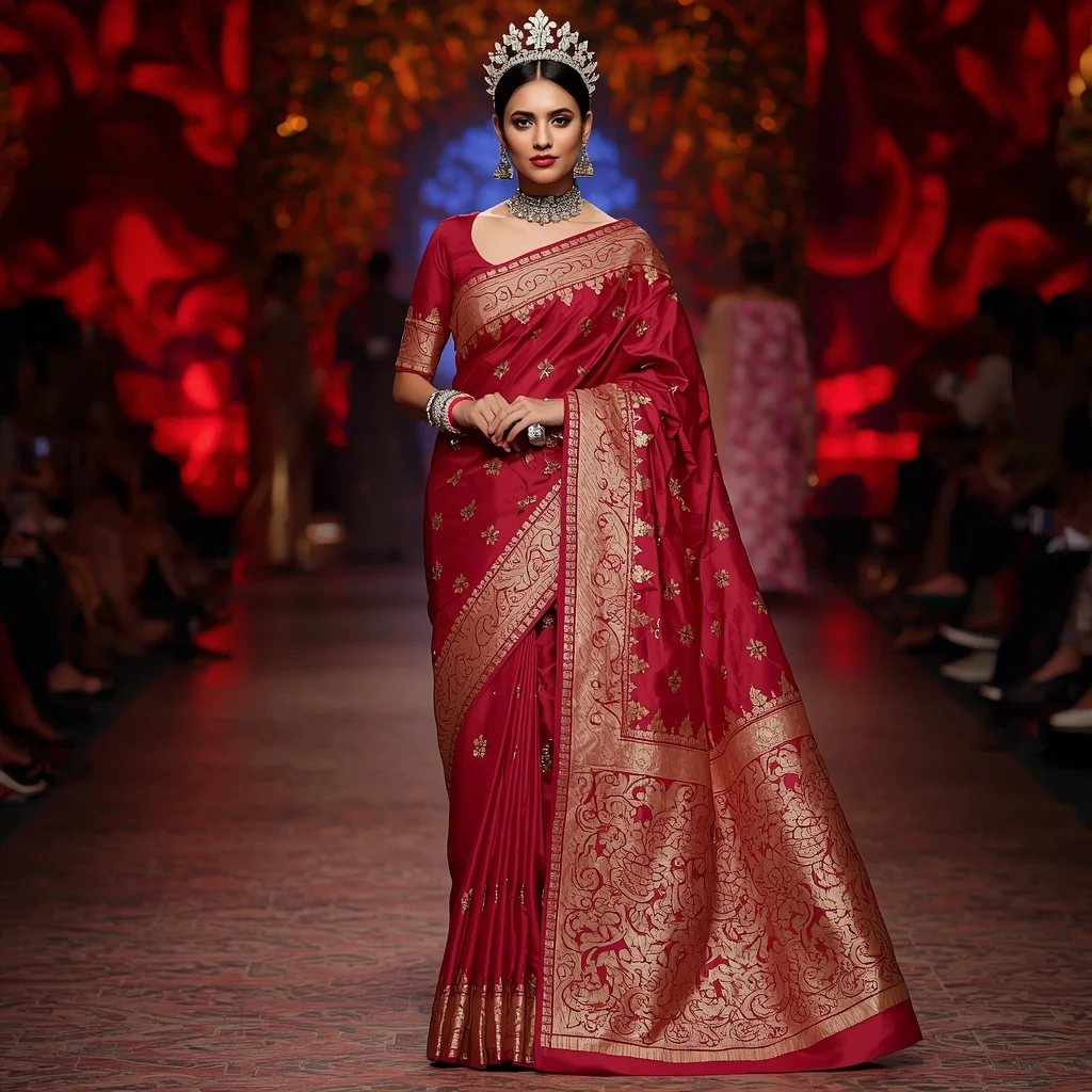Ruby Dragon Crown Saree with Royal Flame Corridor | Royal Rajputana Girl Prompt