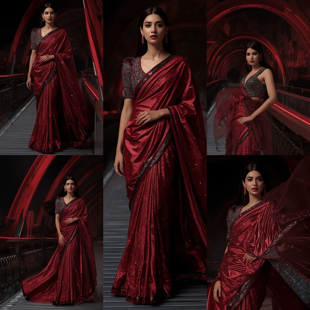 Ruby Meteor Saree with Curved Infinity Bridge | Desi Girl Ai Prompt